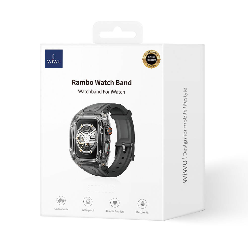 Wiwu Wi-WB013 Rambo Serisi Apple Watch 42/44/45mm Uyumlu 2in1 Şeffaf PC Kasa Koruyuculu Kauçuk Kordon Wiwu Wi-WB013 Rambo Serisi Apple Watch 42/44/45mm Uyumlu 2in1 Şeffaf PC Kasa Koruyuculu Kauçuk Kordon